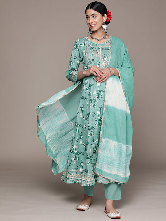 Ishin Women's Turquoise Pure Cotton Zari Flared Floral Print Kurta Set with Pants & with Dupatta 