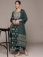 Ishin Women's Teal Embroidered Zari Flared Kurta Set with Pants & with Dupatta