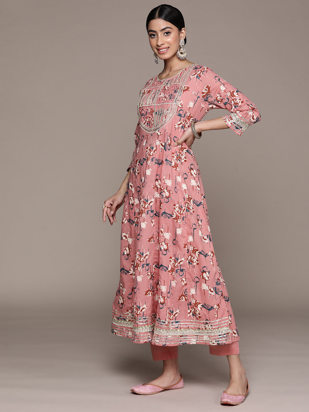 Ishin Women's Pink Pure Cotton Zari Flared Floral Print Kurta Set with Pants & with Dupatta 