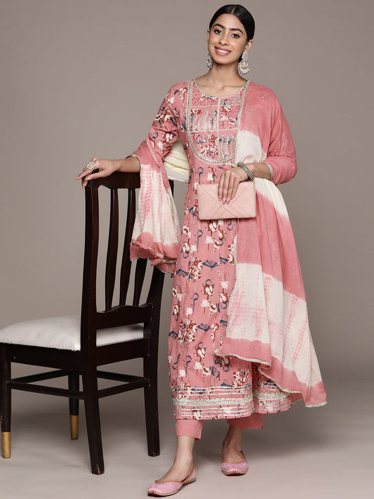 Ishin Women's Pink Pure Cotton Zari Flared Floral Print Kurta Set with Pants & with Dupatta 