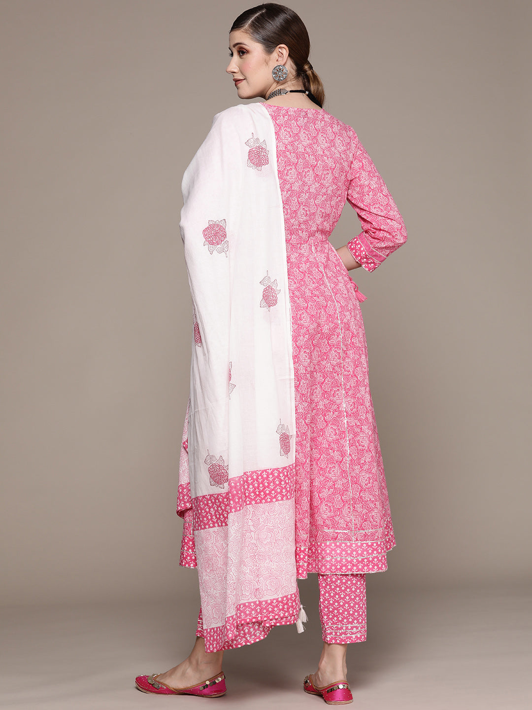 Ishin Women's Pink Embellished Anarkali Kurta with Trouser & Dupatta