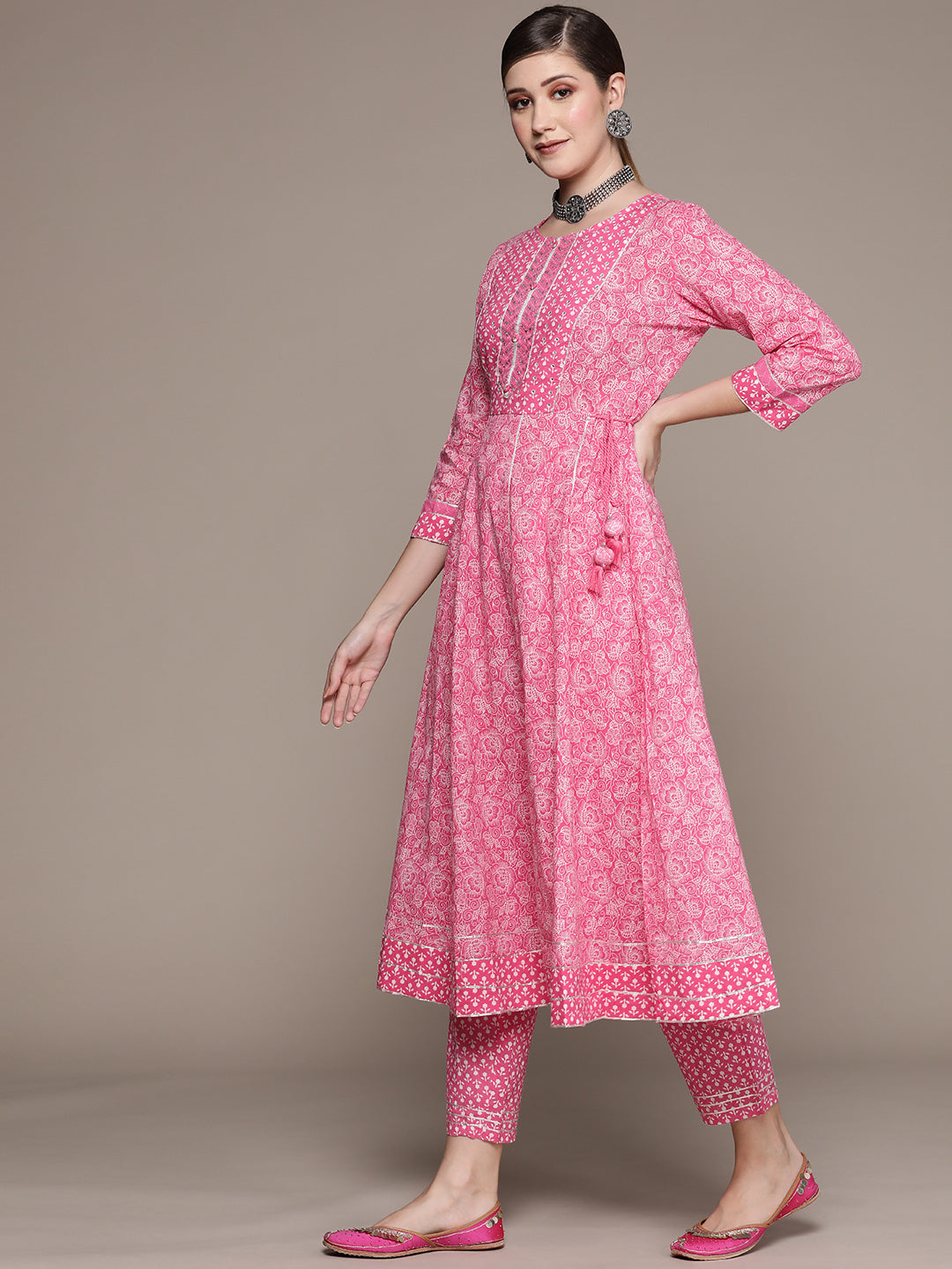 Ishin Women's Pink Embellished Anarkali Kurta with Trouser & Dupatta