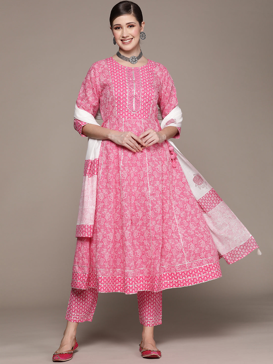 Ishin Women's Pink Embellished Anarkali Kurta with Trouser & Dupatta