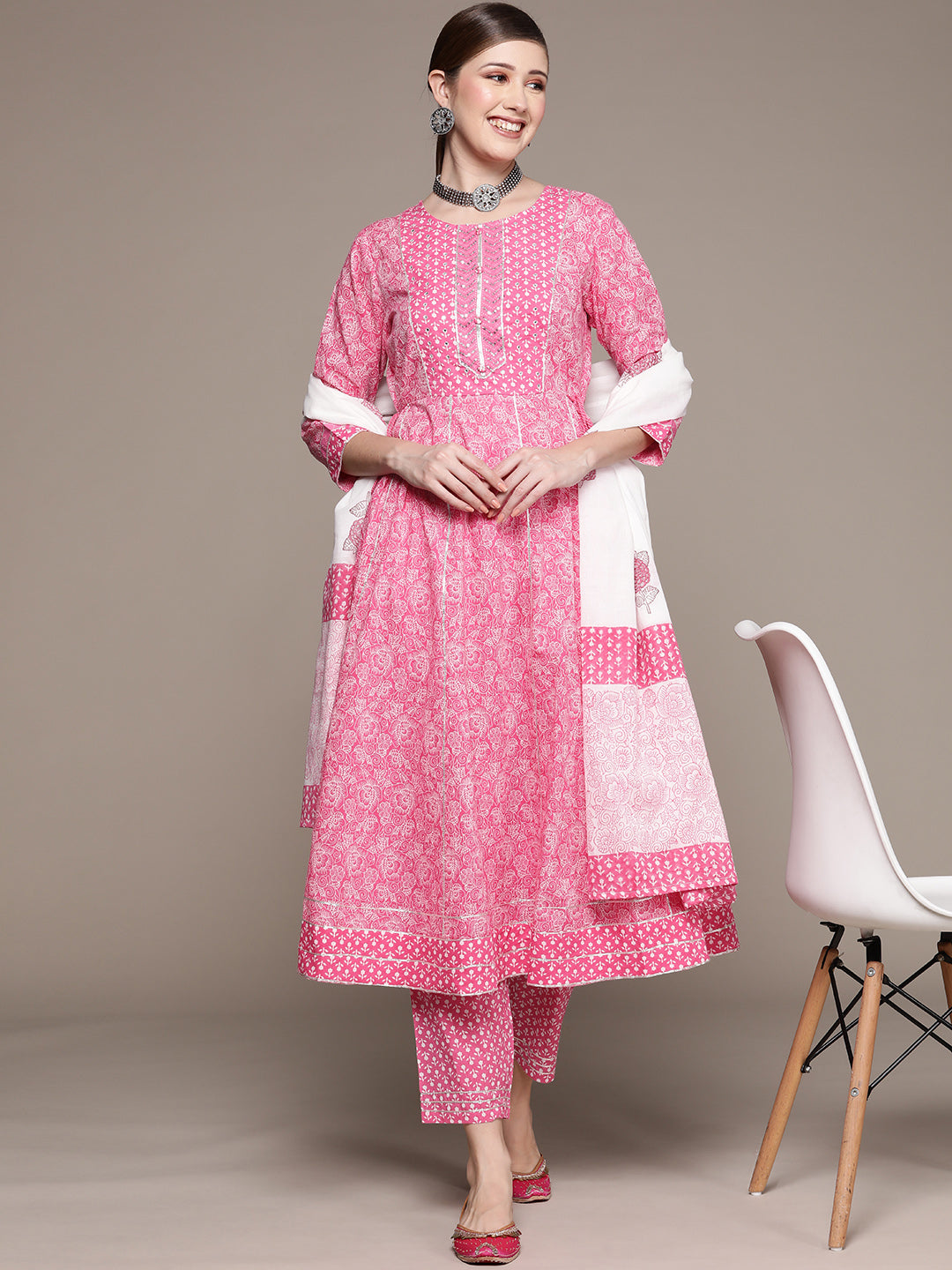 Ishin Women's Pink Embellished Anarkali Kurta with Trouser & Dupatta