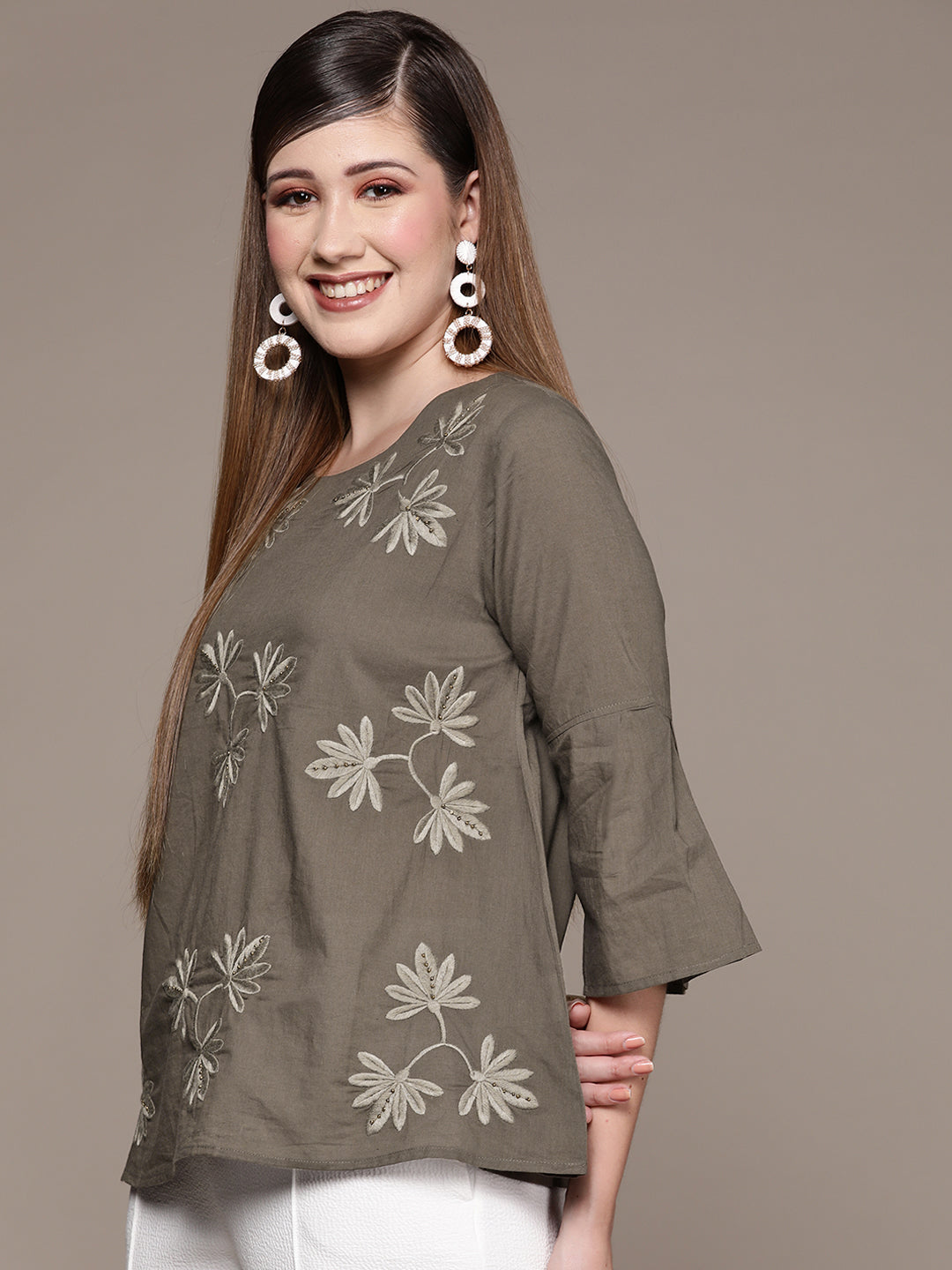Ishin Women's Olive Embroidered A-Line Top