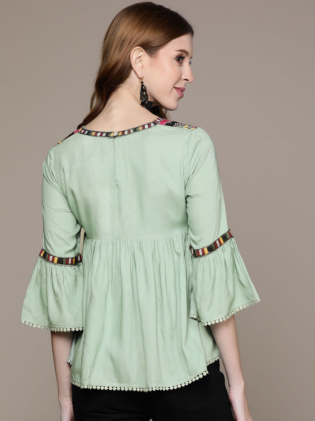 Ishin Women's Green Embroidered A-Line Top