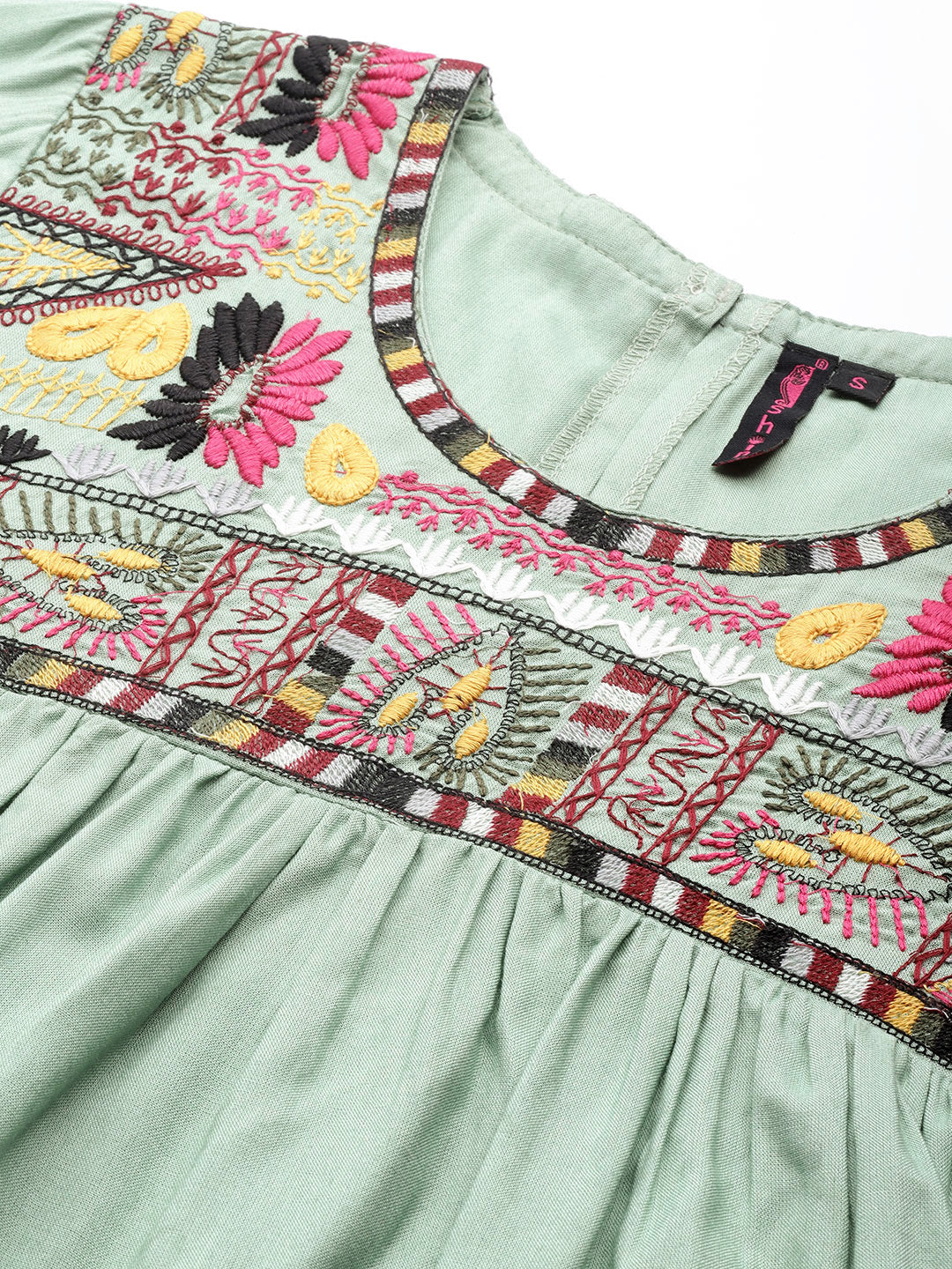 Ishin Women's Green Embroidered A-Line Top