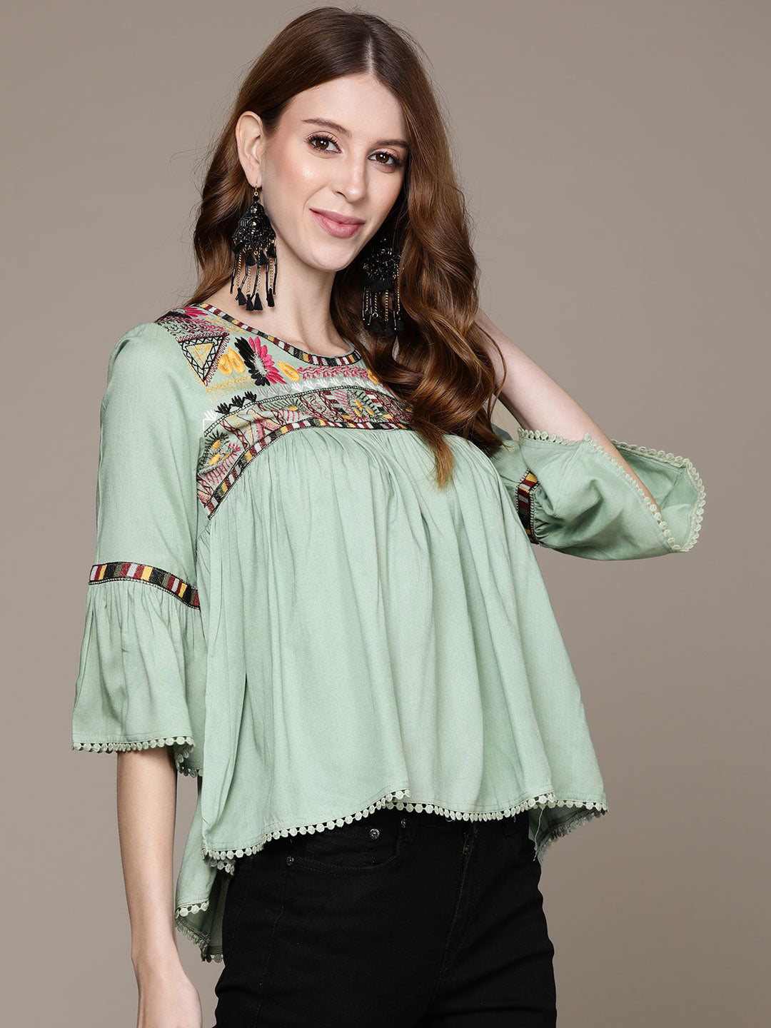 Ishin Women's Green Embroidered A-Line Top