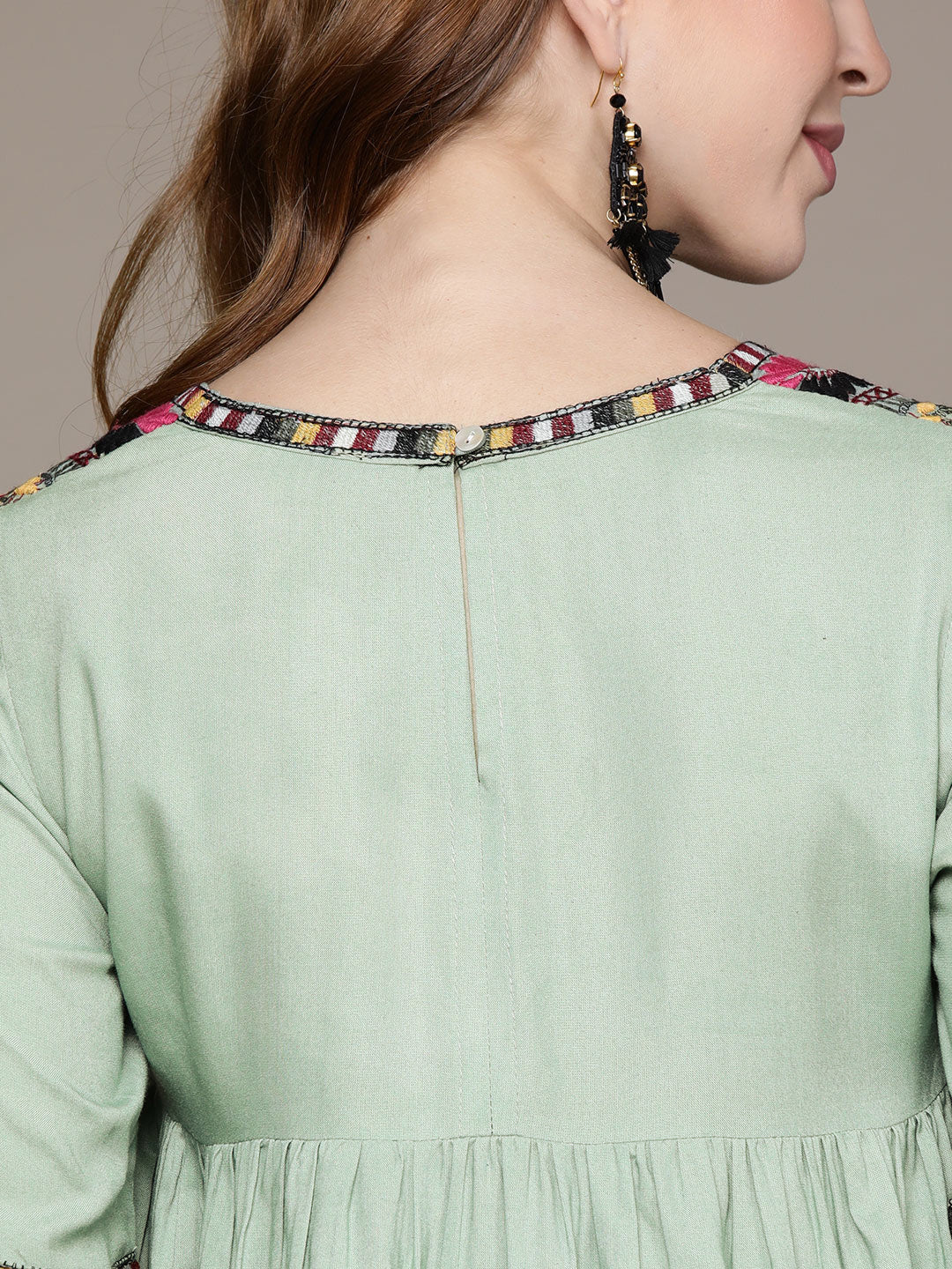 Ishin Women's Green Embroidered A-Line Top