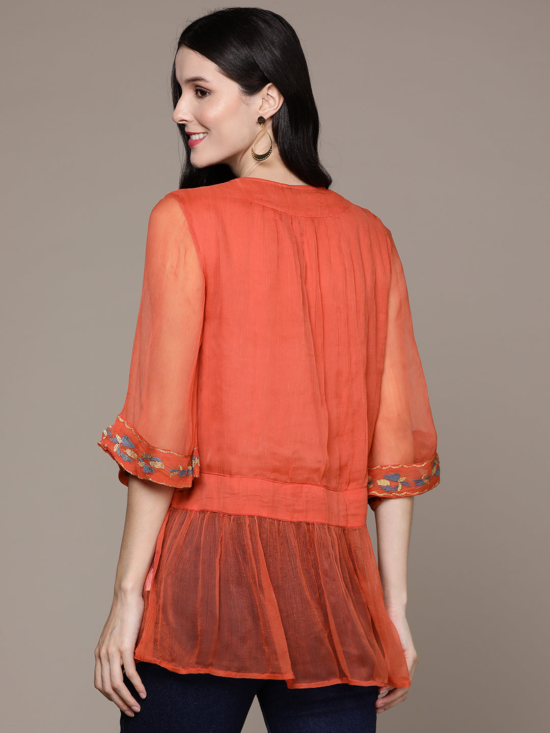 Ishin Women's Orange Embellished Regular Top