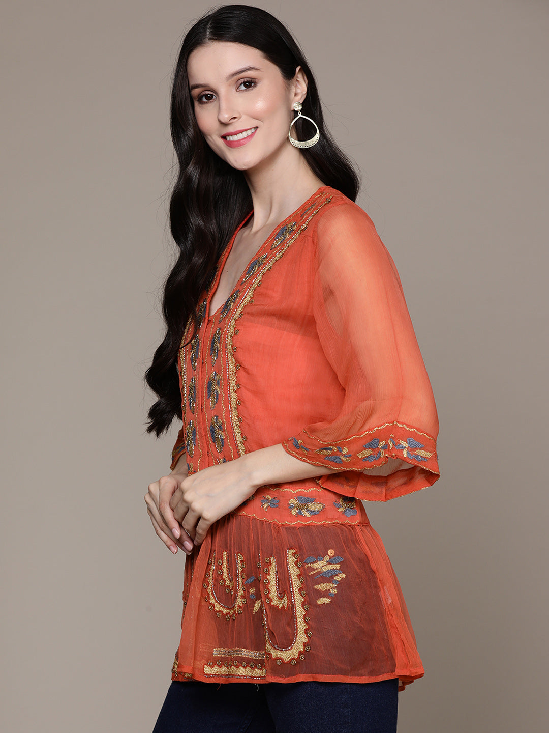 Ishin Women's Orange Embellished Regular Top
