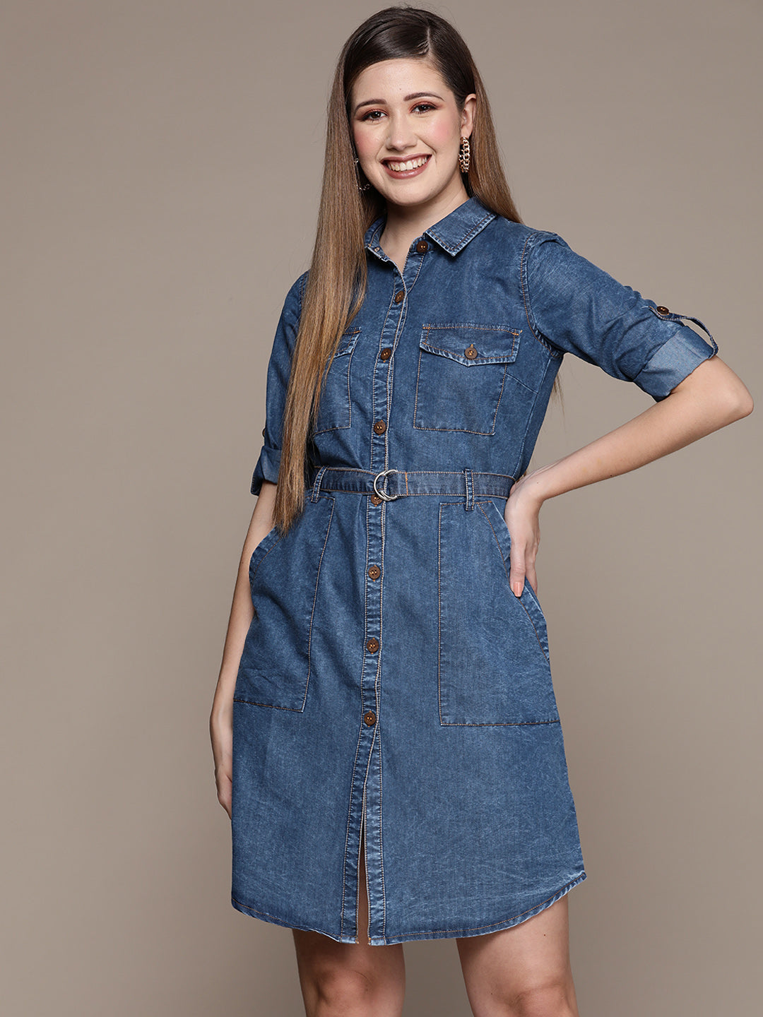 Ishin Women's Blue Denim Shirt Style Dress