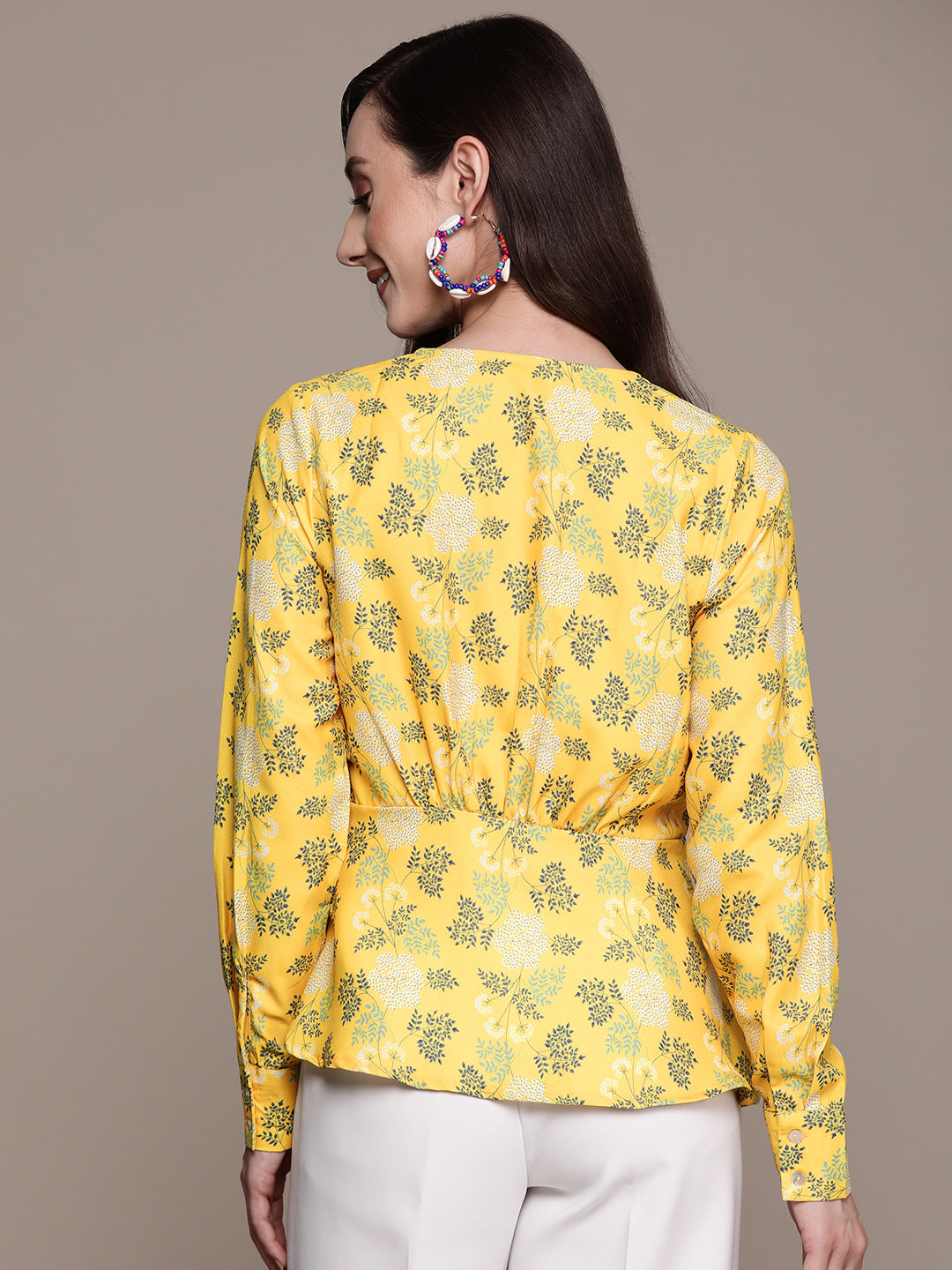 Ishin Women's Yellow Printed Wrap Top