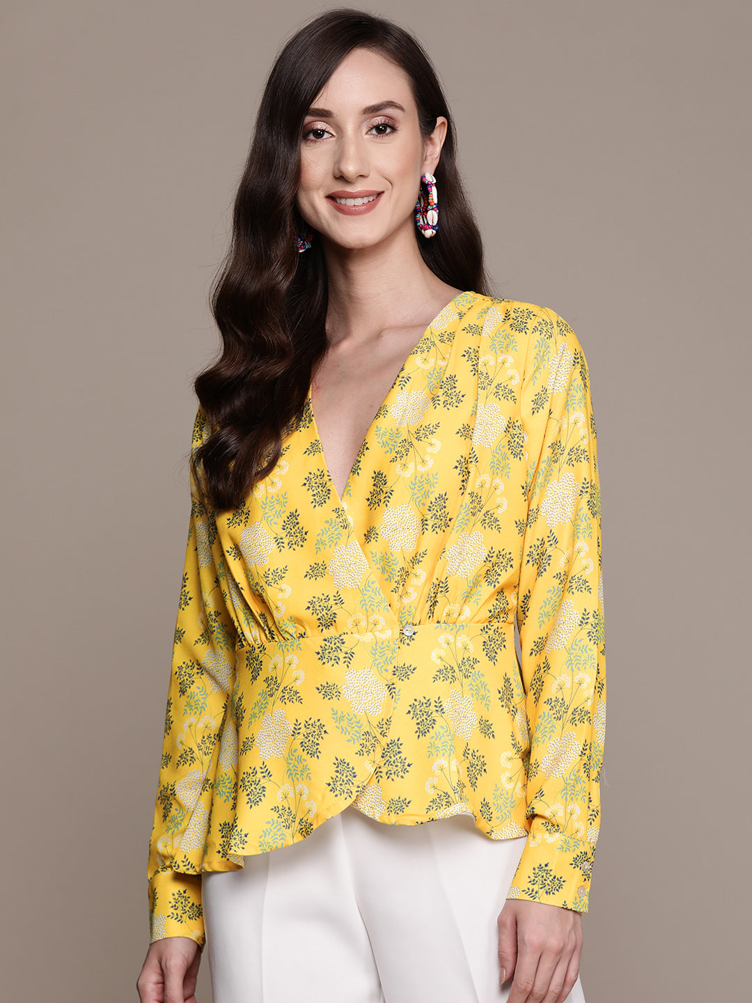 Ishin Women's Yellow Printed Wrap Top