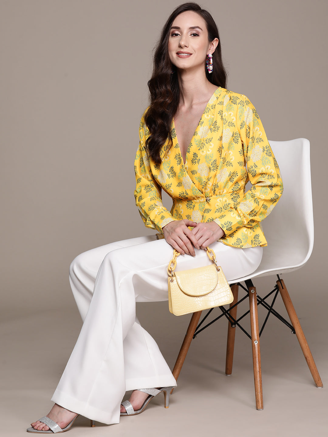 Ishin Women's Yellow Printed Wrap Top
