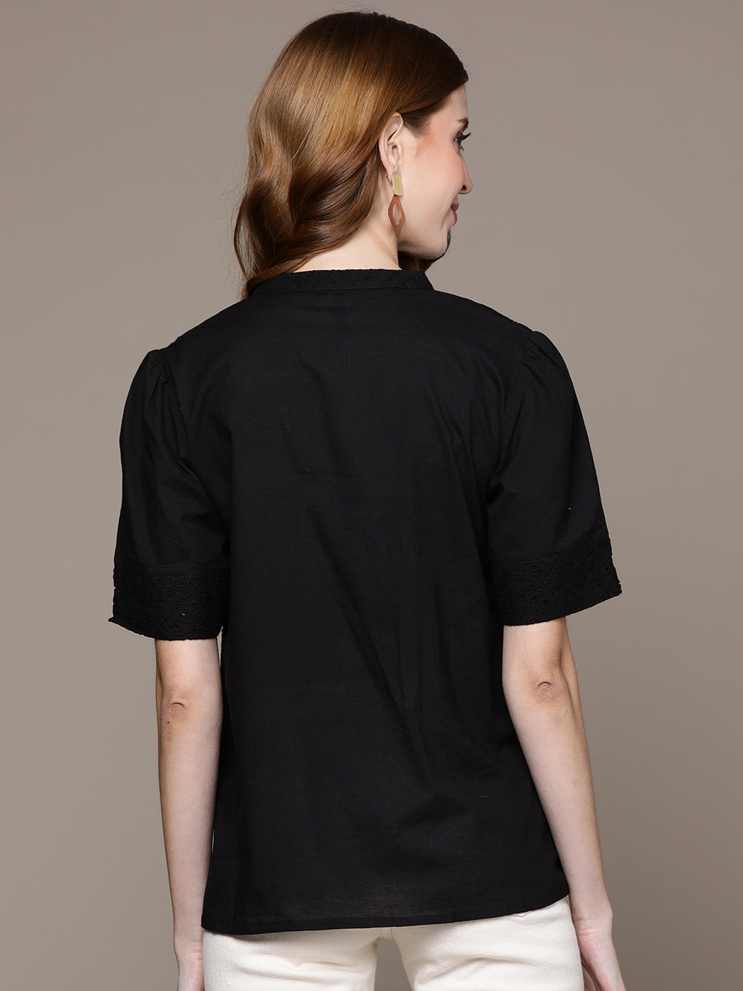 Ishin Women's Black Schiffli Shirt Style Top