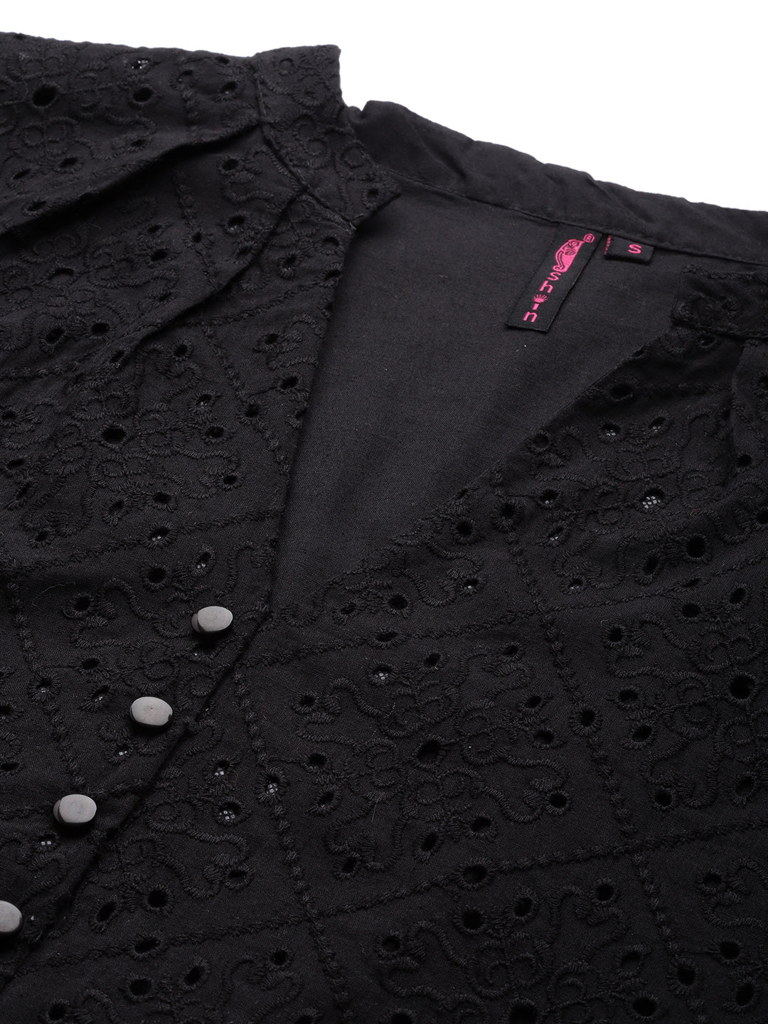 Ishin Women's Black Schiffli Shirt Style Top