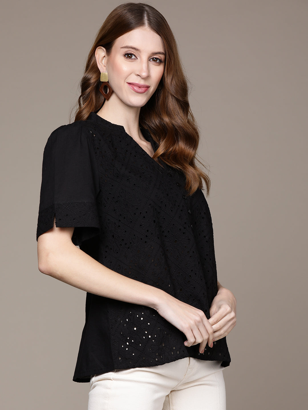 Ishin Women's Black Schiffli Shirt Style Top