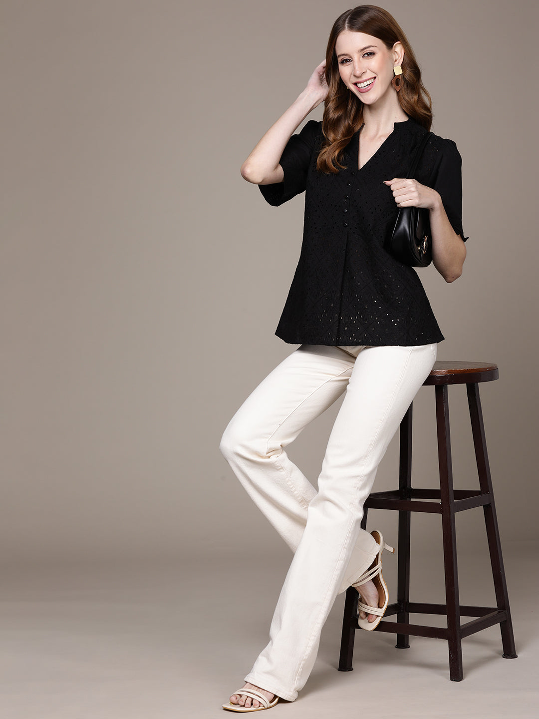 Ishin Women's Black Schiffli Shirt Style Top