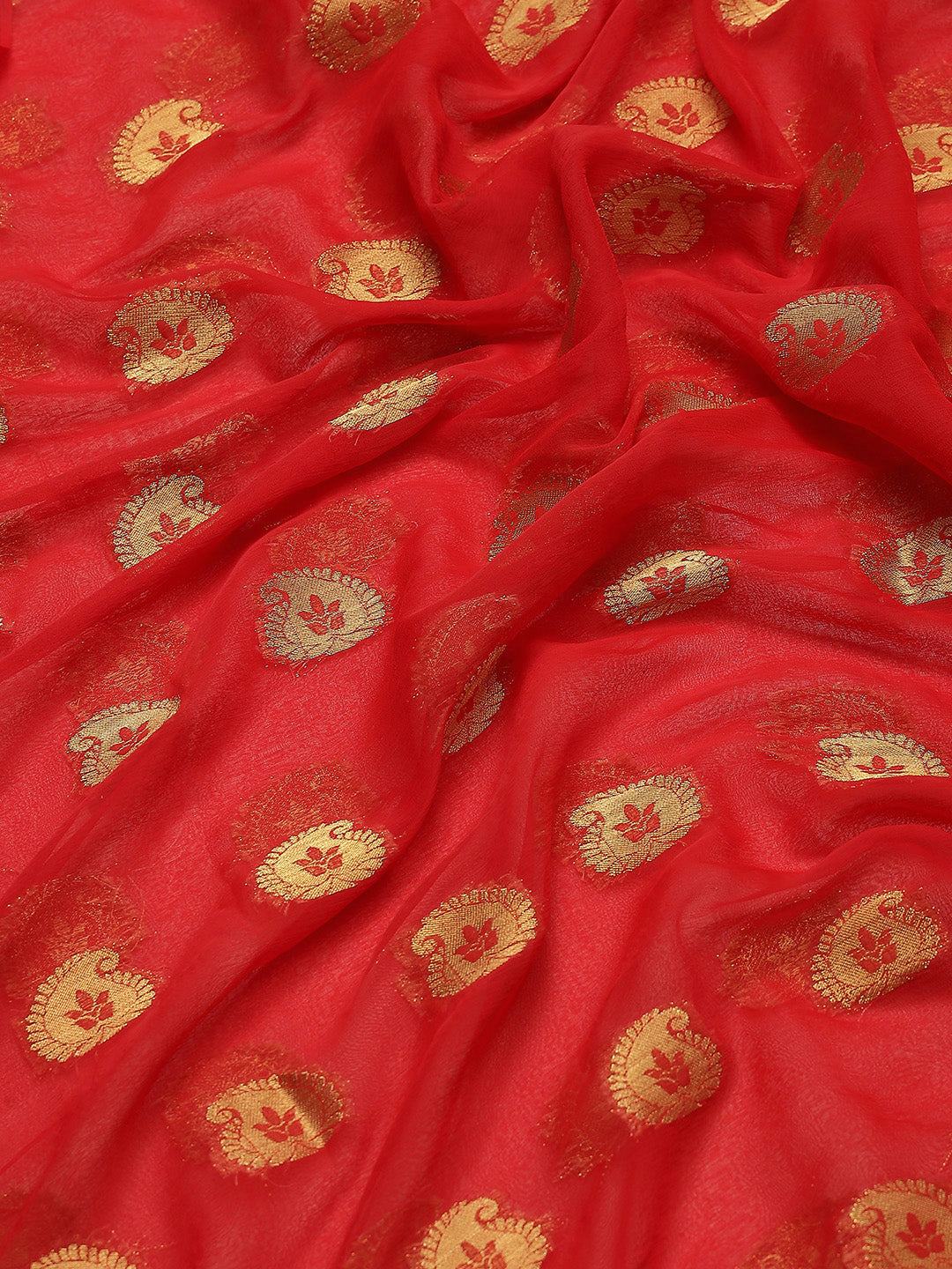 Ishin Poly Chiffon Red Bandhani Printed Women's Sarees with Blouse Piece