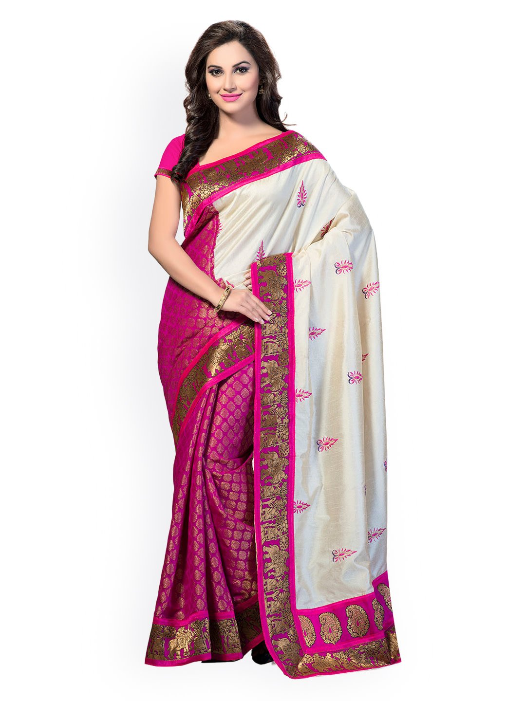 Ishin Art Silk White & Pink Ethnic Motifs Printed Women's Saree Including Blouse Piece