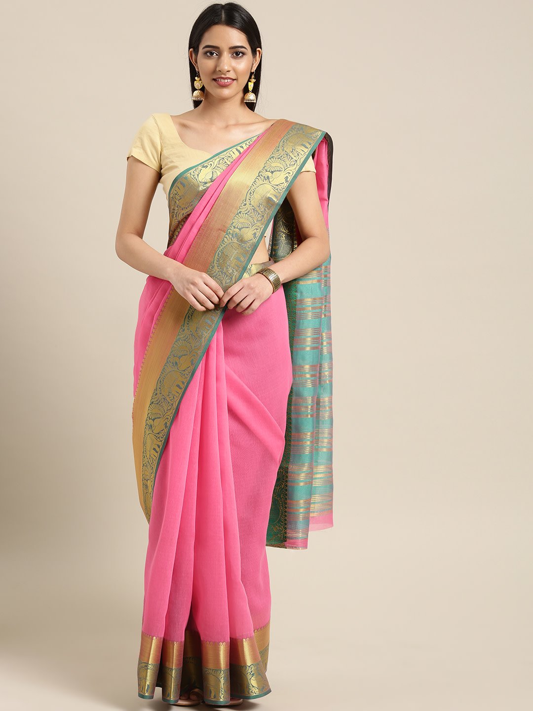 Ishin Chanderi Cotton Pink Solid With Golden Zari Border Women's Saree/Sari