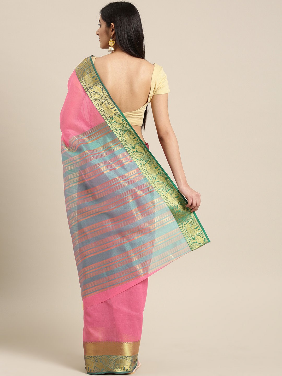 Ishin Chanderi Cotton Pink Solid With Golden Zari Border Women's Saree/Sari