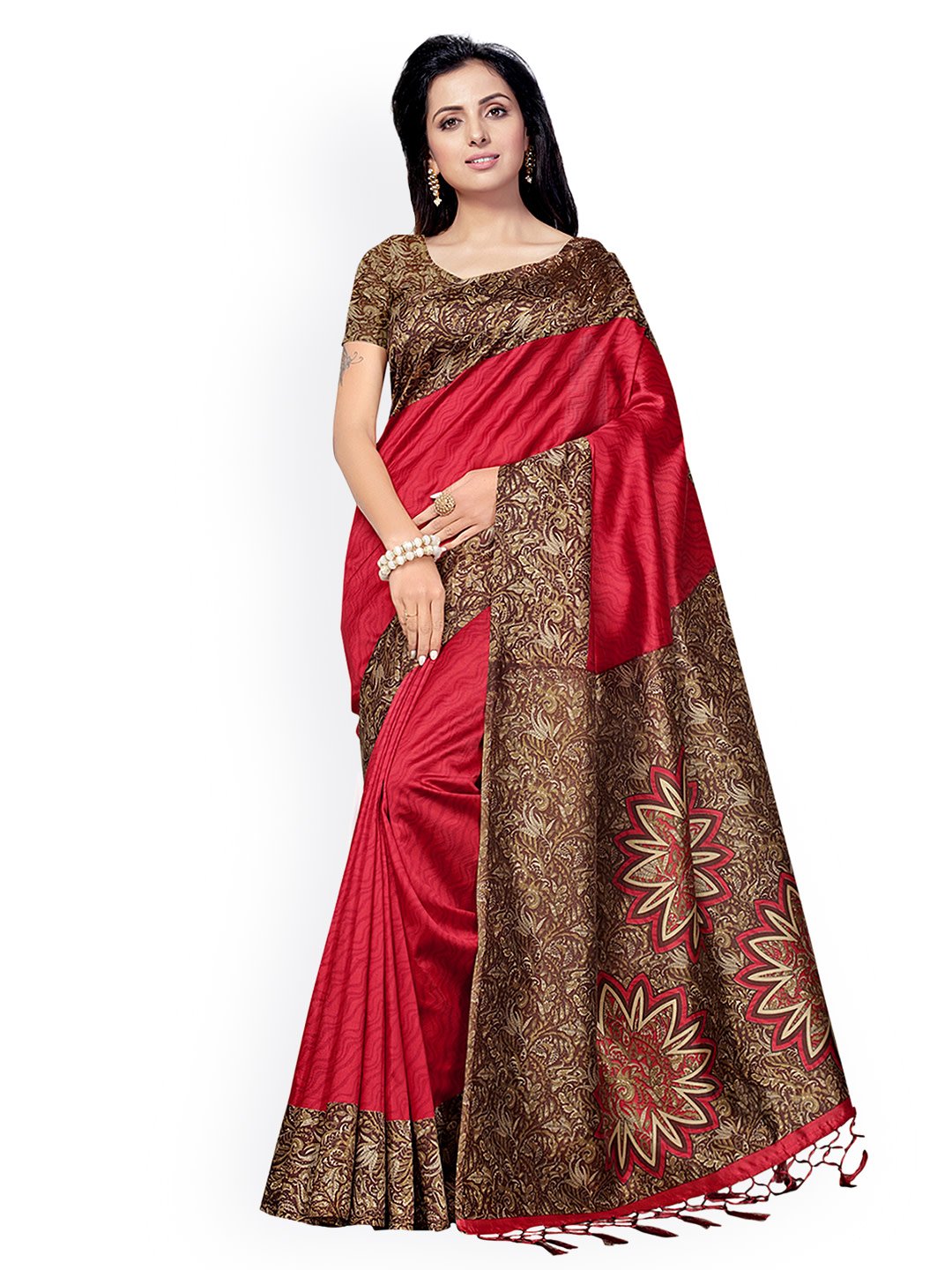 Ishin Poly Silk Red Printed Women's Saree/Sari With Tassels