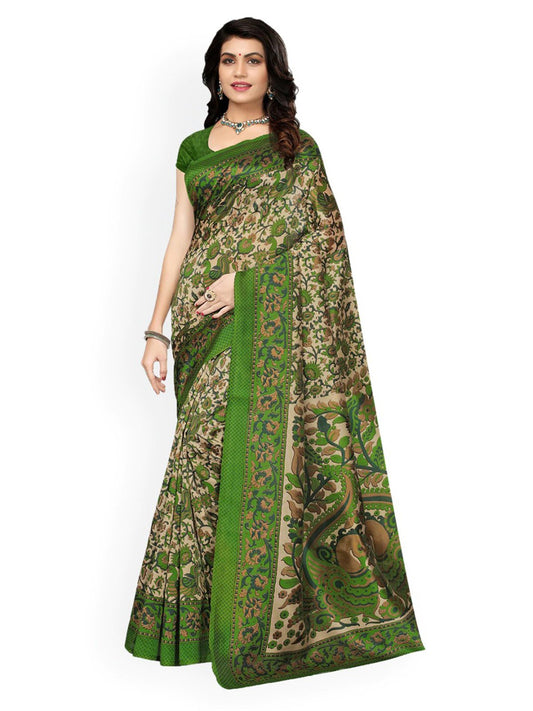 Ishin Poly Silk Green Printed Women's Saree/Sari