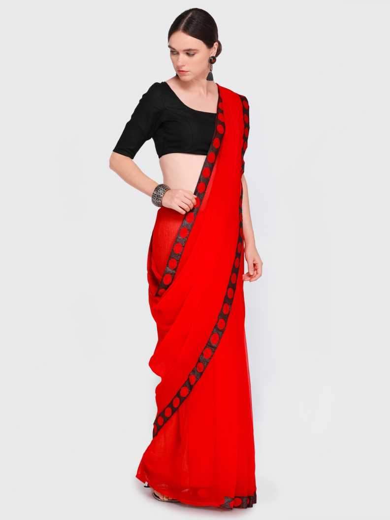 Ishin Poly Chiffon Red Solid Women's Saree With Lace