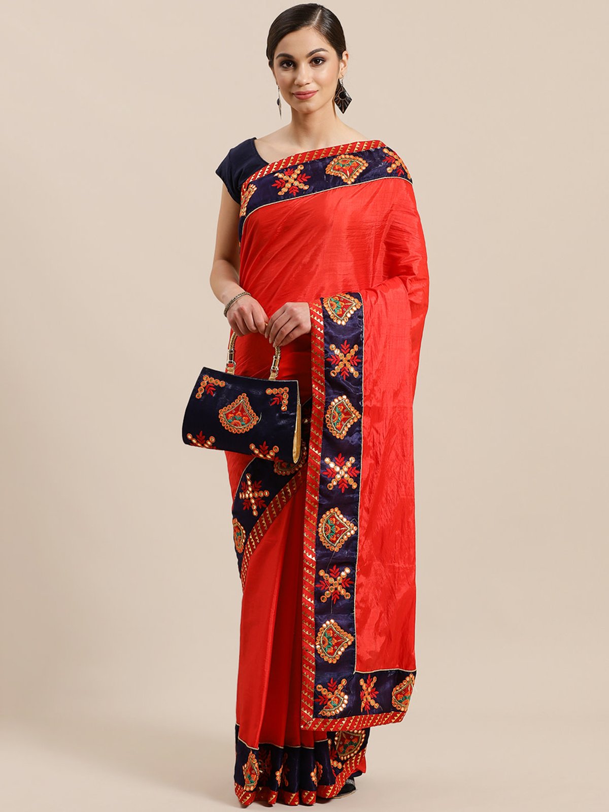 Ishin Art Silk Red Embellished Women's Saree Comes with a clutch