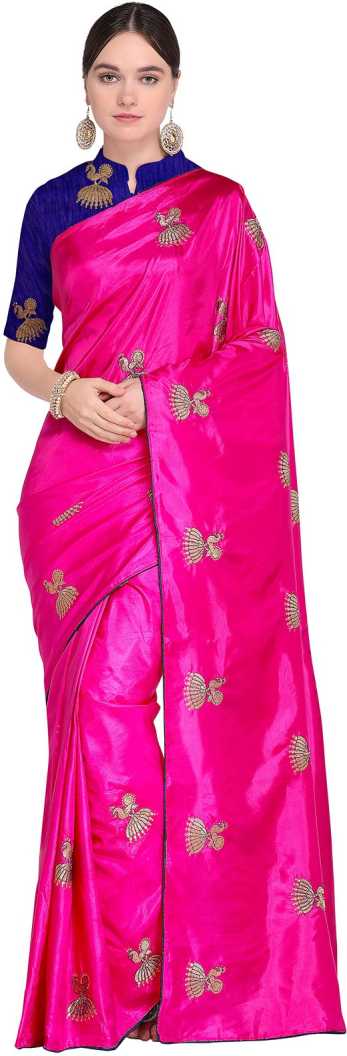 Ishin Poly Silk Pink Embroidered Women's Saree
