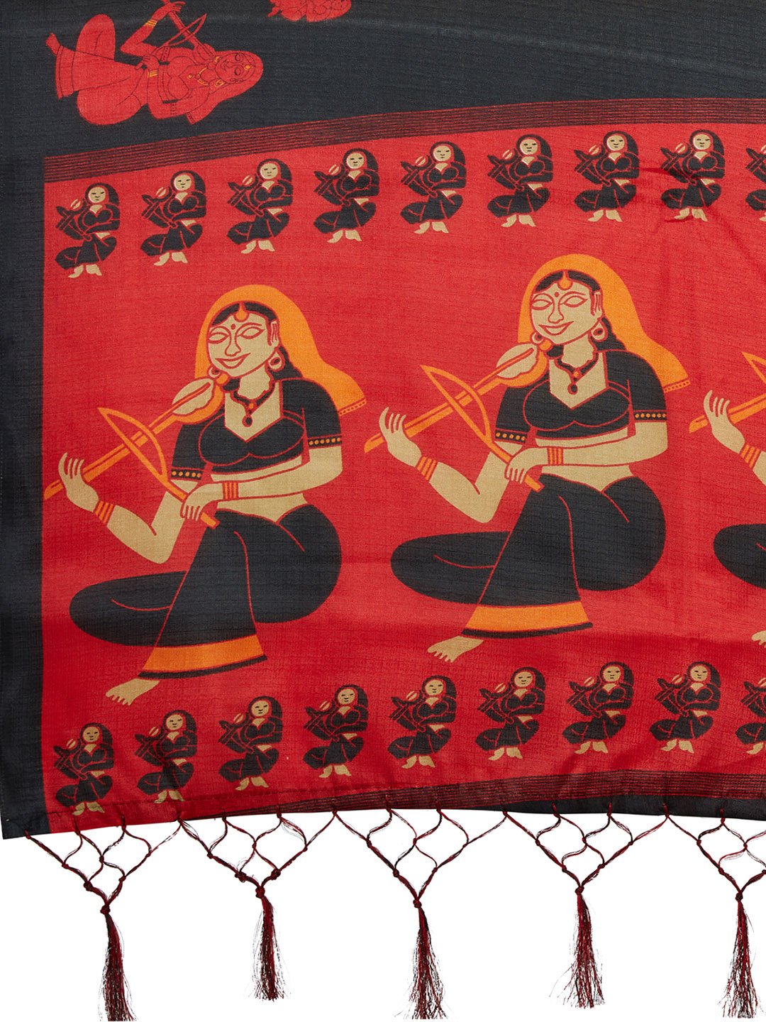 Ishin Poly Silk Black Printed Women's Saree With Tassels
