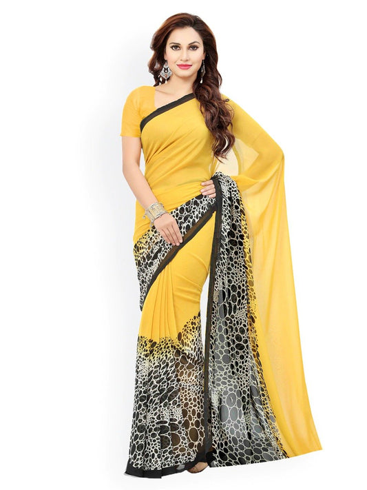 Ishin Poly Georgette Yellow Printed Women's Saree/Sari
