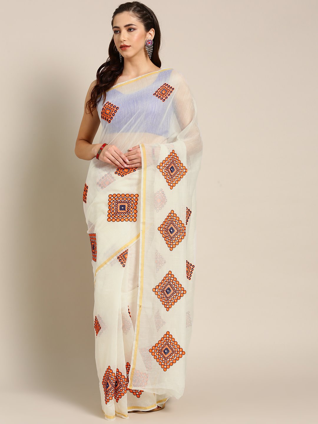 Ishin Poly Cotton Off White Embroidered Women's Saree with Tassels