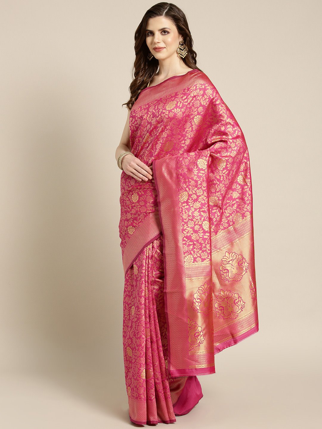 Ishin Poly Silk Pink Woven Women's Saree
