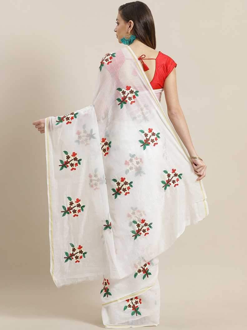 Ishin Poly Cotton White Embroidered Women's Saree