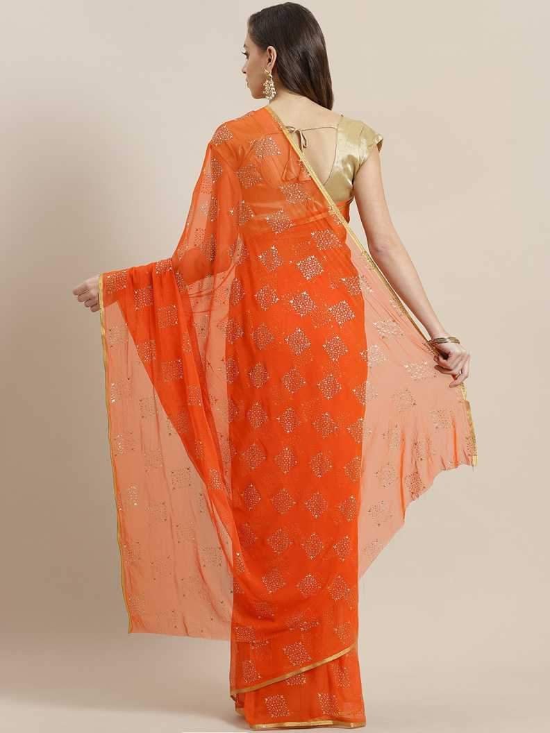 Ishin Poly Chiffon Orange Rubber Printed Women's Saree