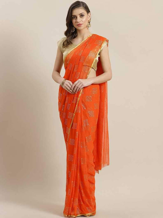 Ishin Poly Chiffon Orange Rubber Printed Women's Saree