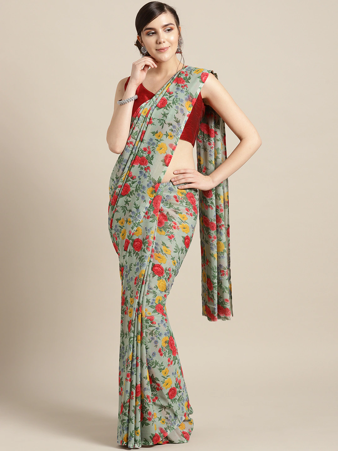 Ishin Women's Green & Red Printed Saree
