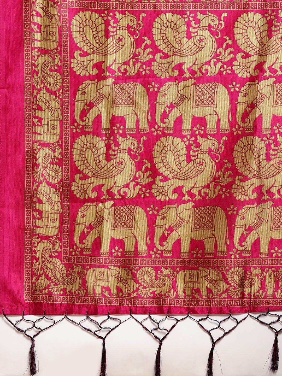 Ishin Art Silk Navy Blue & Pink Animal Print Ethnic Motifs Printed Women's Saree Including Blouse Piece