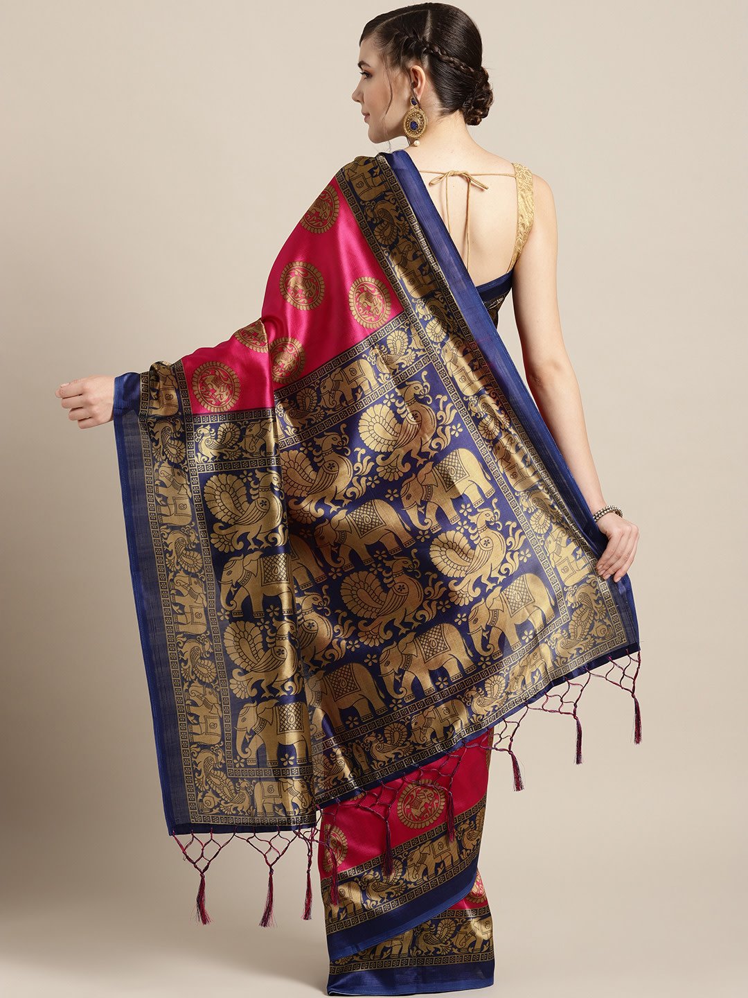 Ishin Art Silk Pink & Blue Ethnic Motifs Printed Women's Saree
