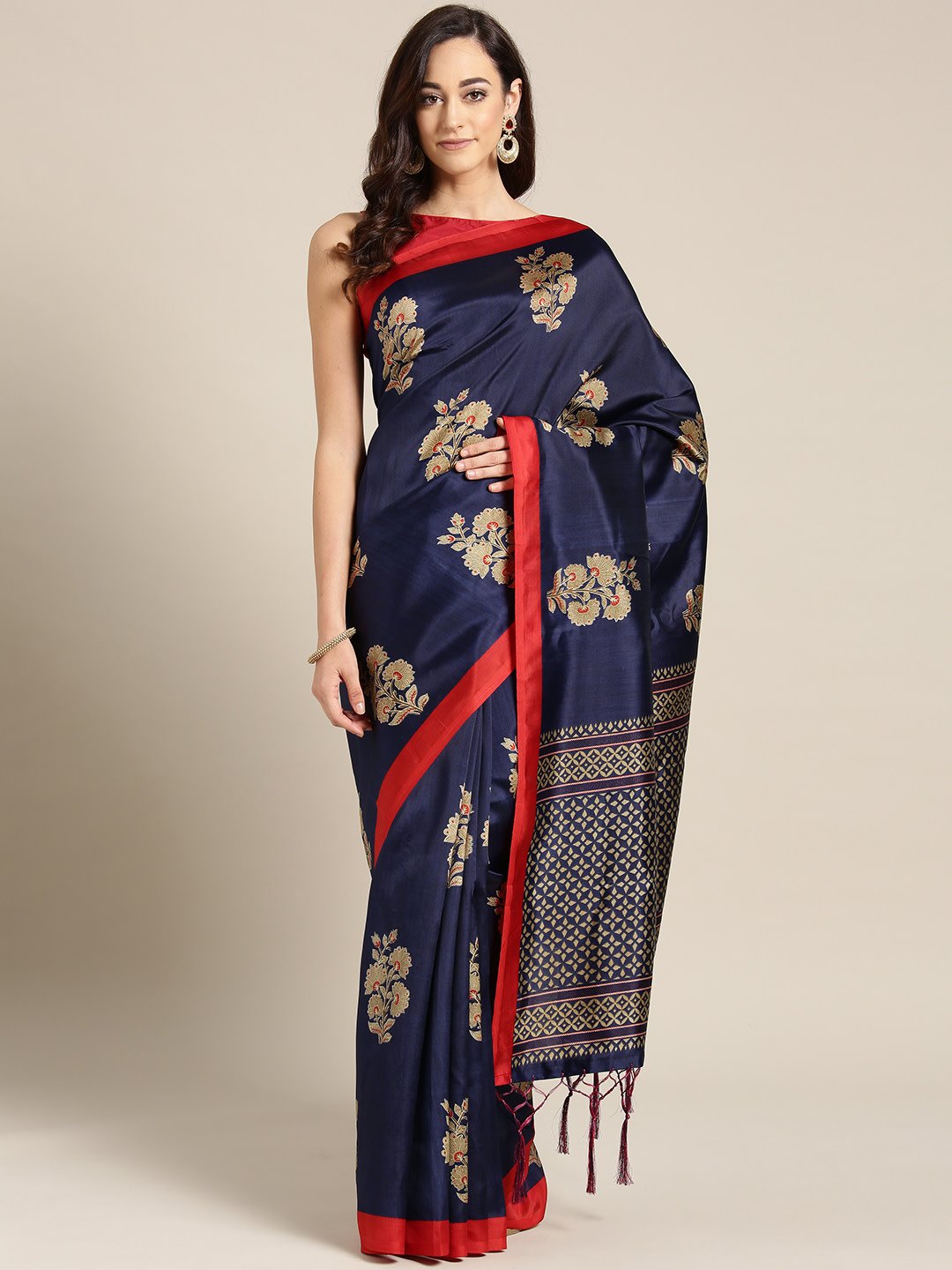 Ishin Art Silk Navy Blue Floral Printed Women's Saree
