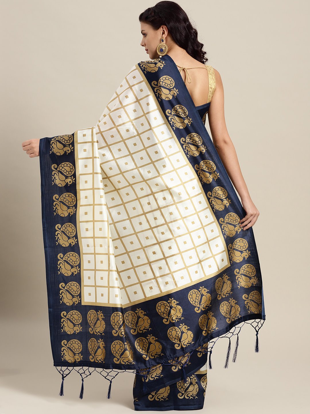 Ishin Poly Silk White Printed Women's Saree With Tassels