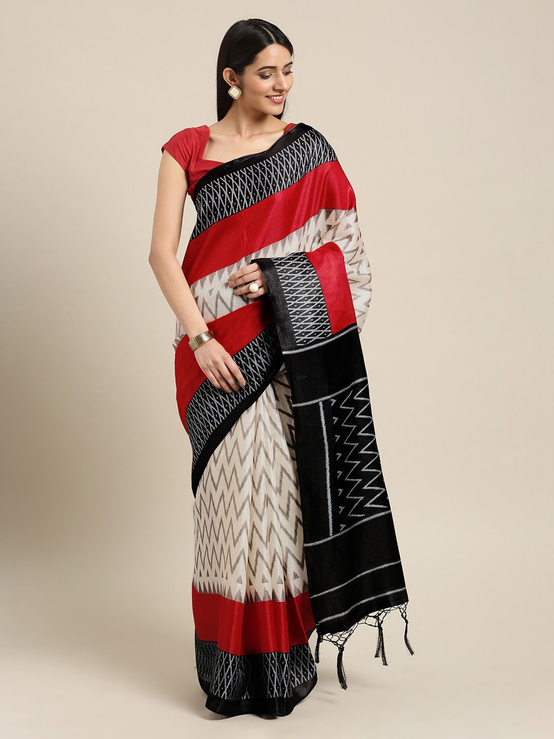 Ishin Art Silk Red & White Printed Women's Saree Including Blouse Piece