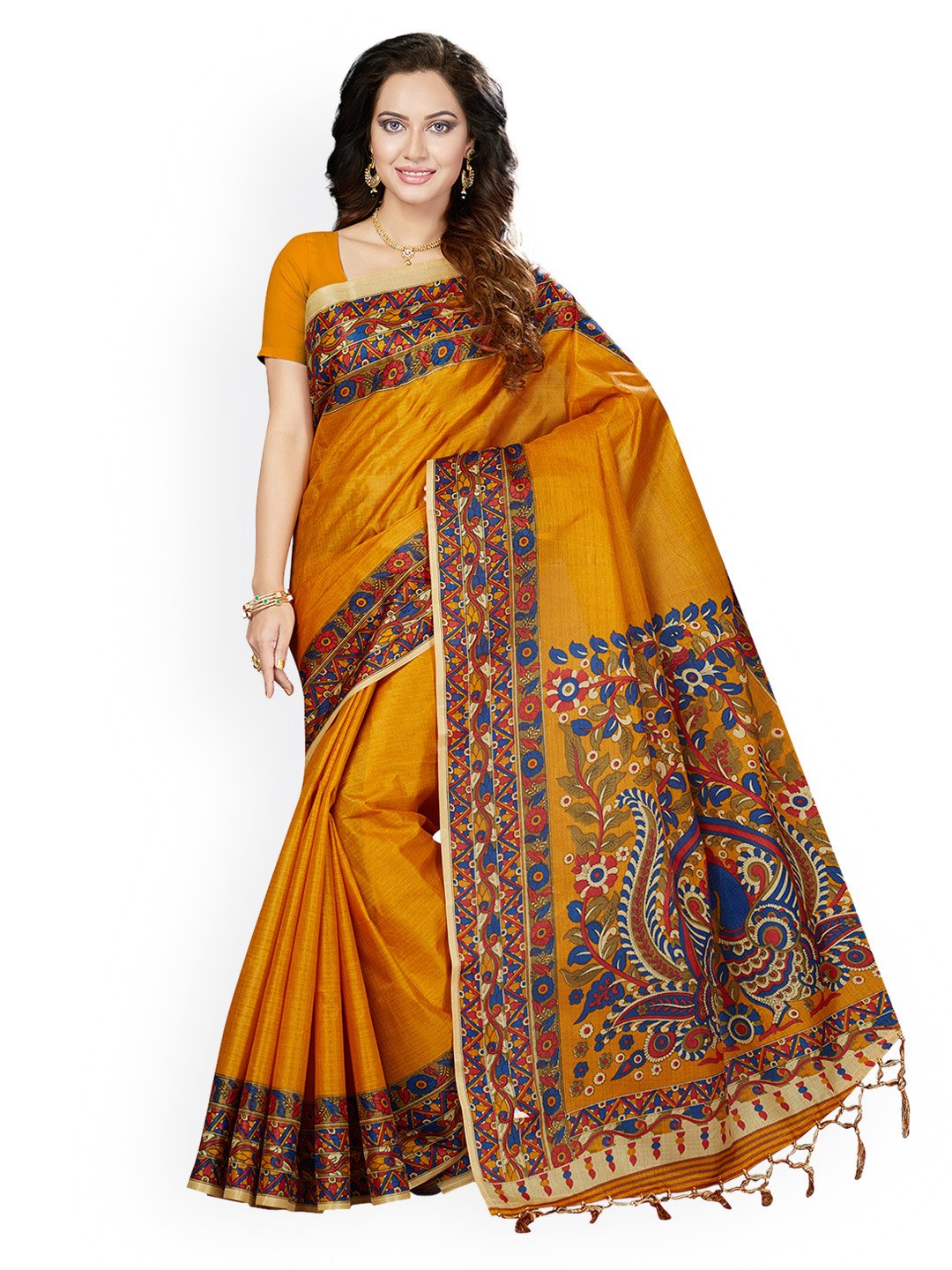 Ishin Bhagalpuri Art Silk Orange Printed Women's Saree/Sari With Tassels