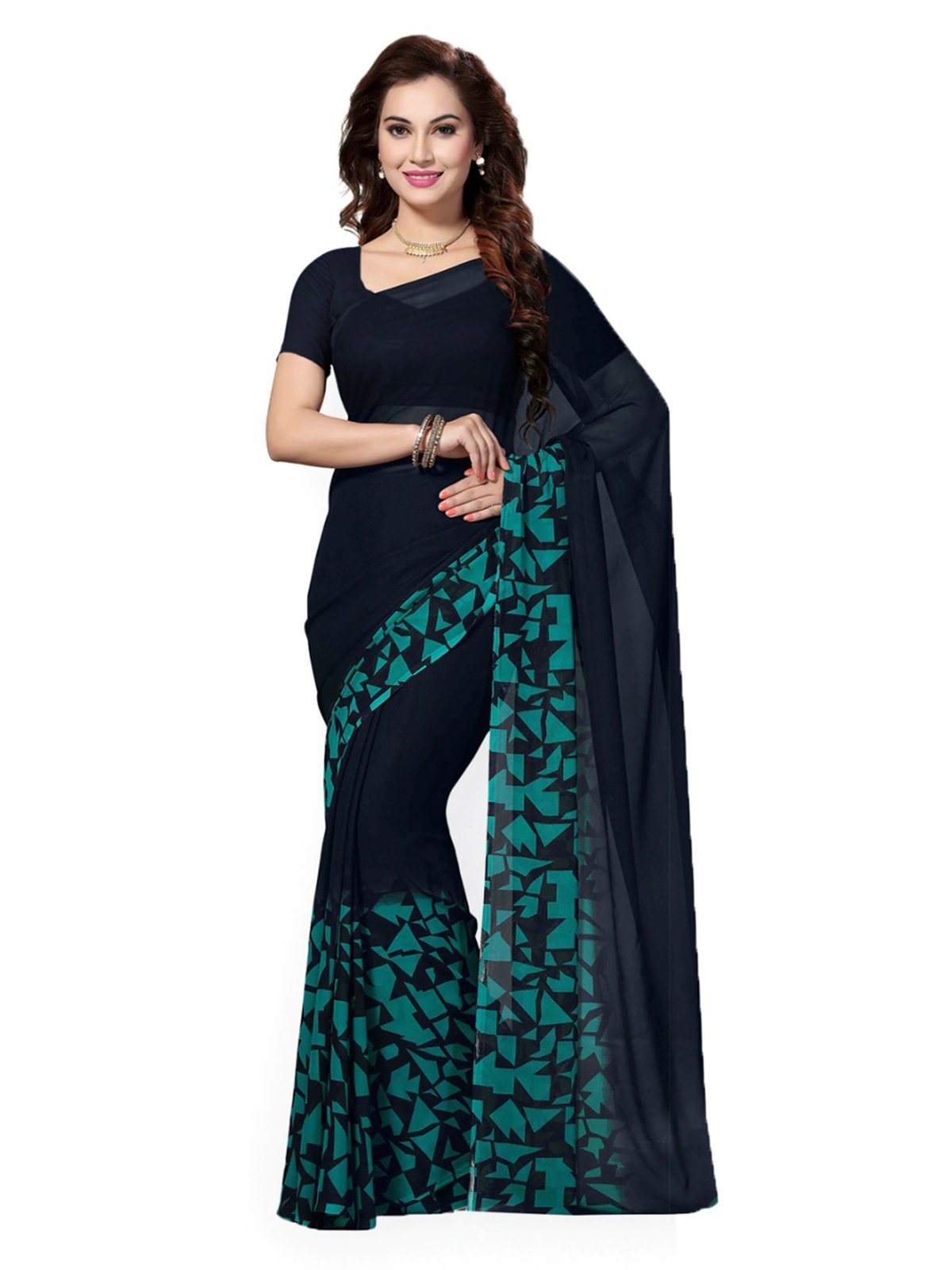 Ishin Poly Georgette Dark Blue Printed Women's Saree/Sari