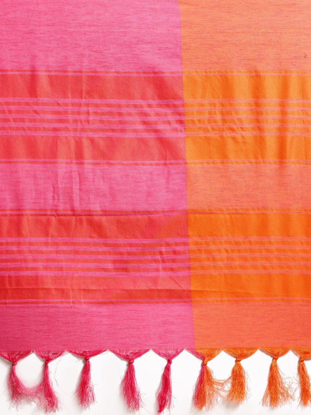 Ishin Cotton Orange & Pink Half & Half Solid Women's Saree With Tassels