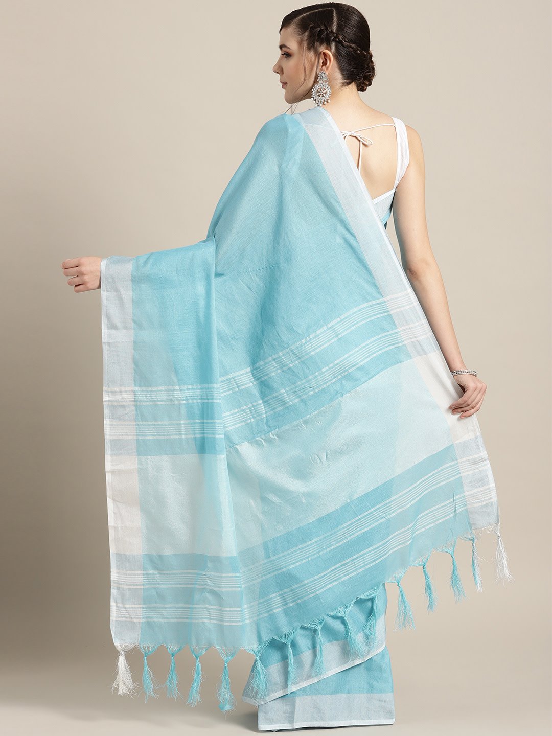 Ishin Poly Cotton Blue Woven Women's Saree With Tassels