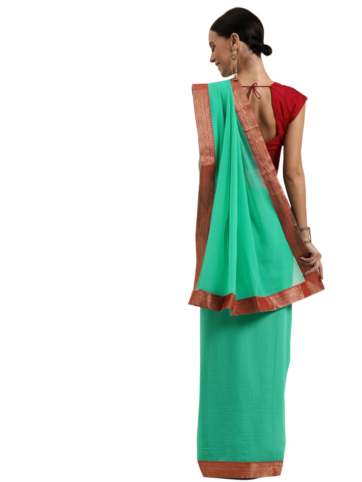 Ishin Poly Georgette Green Solid Women's Saree With Lace